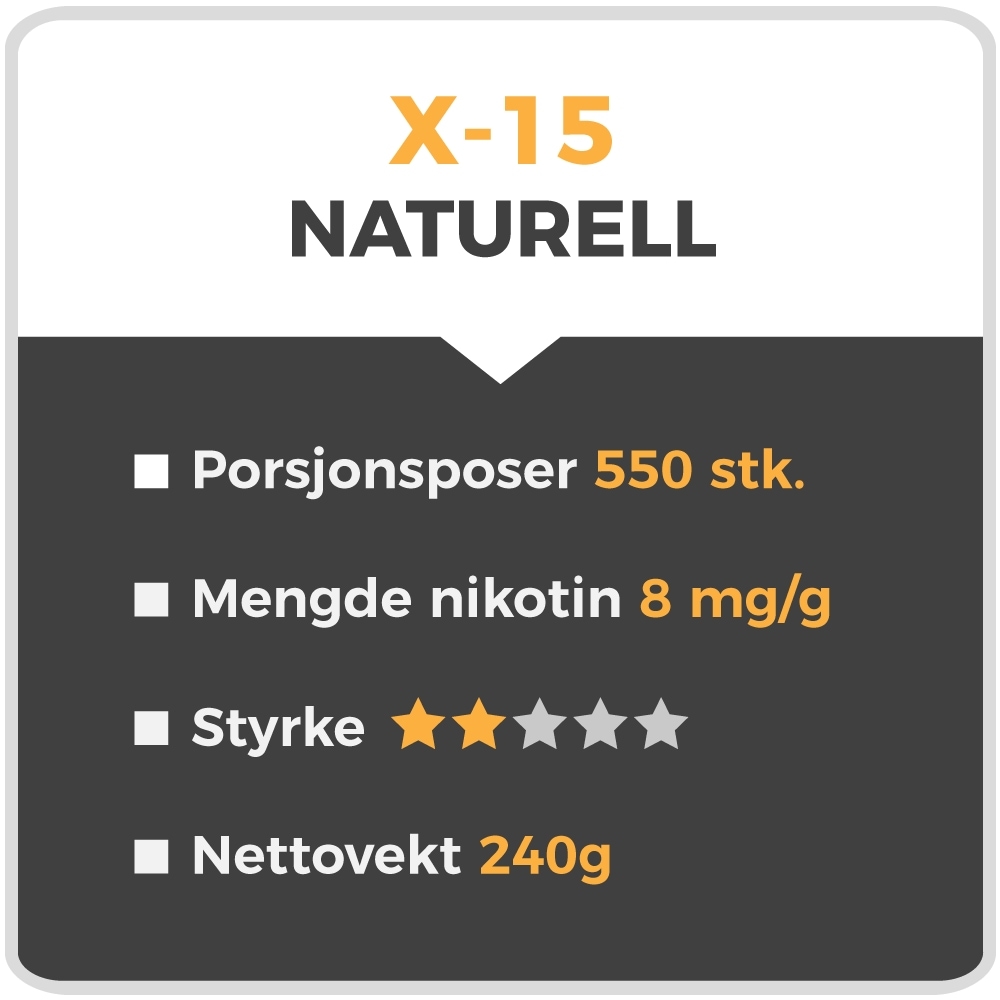X-15 Naturell gir deg 550 porsjonsposer, tilsvarende ca. 20 bokser ferdig porsjonssnus. Det eneste du trenger å gjøre er å tilsette vann. Tobakken har en nøytral smak og er perfekt for smaksetting med snusaroma etter eget ønske.