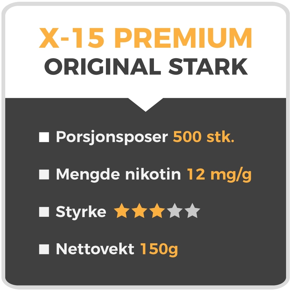 X-15 Premium Original gir deg 500 porsjonsposer, tilsvarende ca. 20 bokser ferdig porsjonssnus. Det eneste du trenger å gjøre er å tilsette vann, og eventuell snusaroma. X-15 Premium Original har naturell tobakkssmak, perfekt for å smaksette selv.