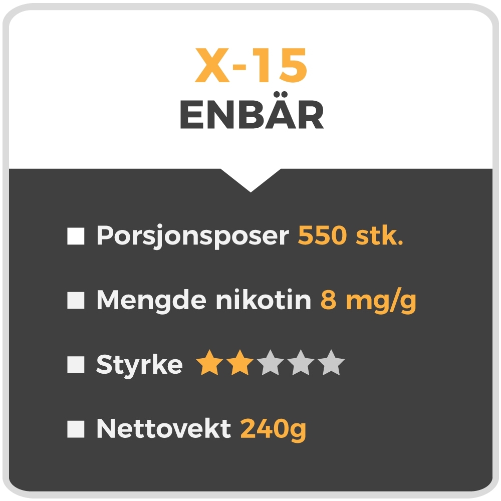 X-15 Enbär gir deg 550 porsjonsposer, tilsvarende ca. 20 bokser ferdig porsjonssnus av høykvalitets tobakk. Snusen er smaksatt med ekte einebærekstrakt, og det eneste du trenger å gjøre er å tilsette vann.